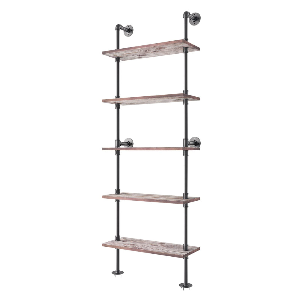 5 Tier Solid Wood Industrial Pipe Ladder Shelf T4146