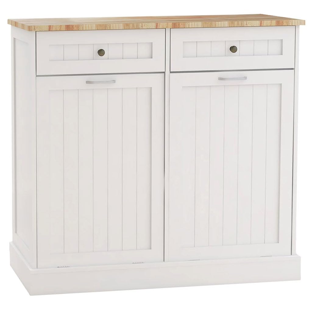 White Wooden Tilt Out Trash Can Cabinet with 2 Drawers X204