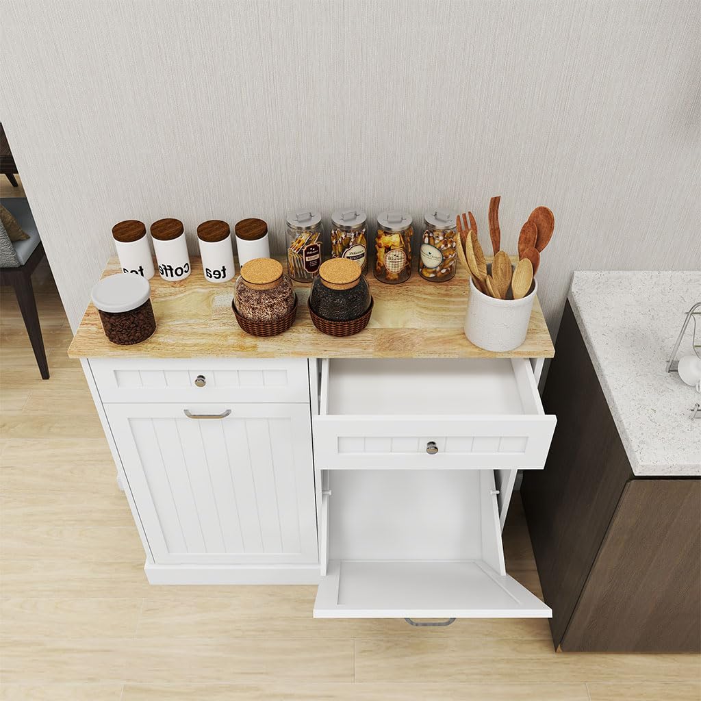 White Wooden Tilt Out Trash Can Cabinet with 2 Drawers X204