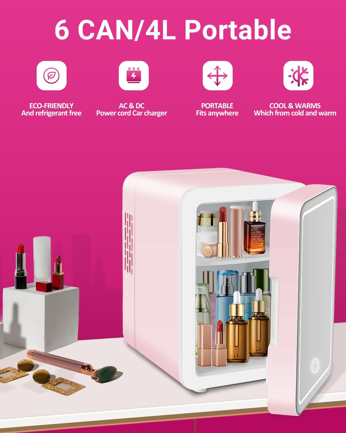 4-Liter Pink Portable Mini Fridge with Mirrored Door X3929