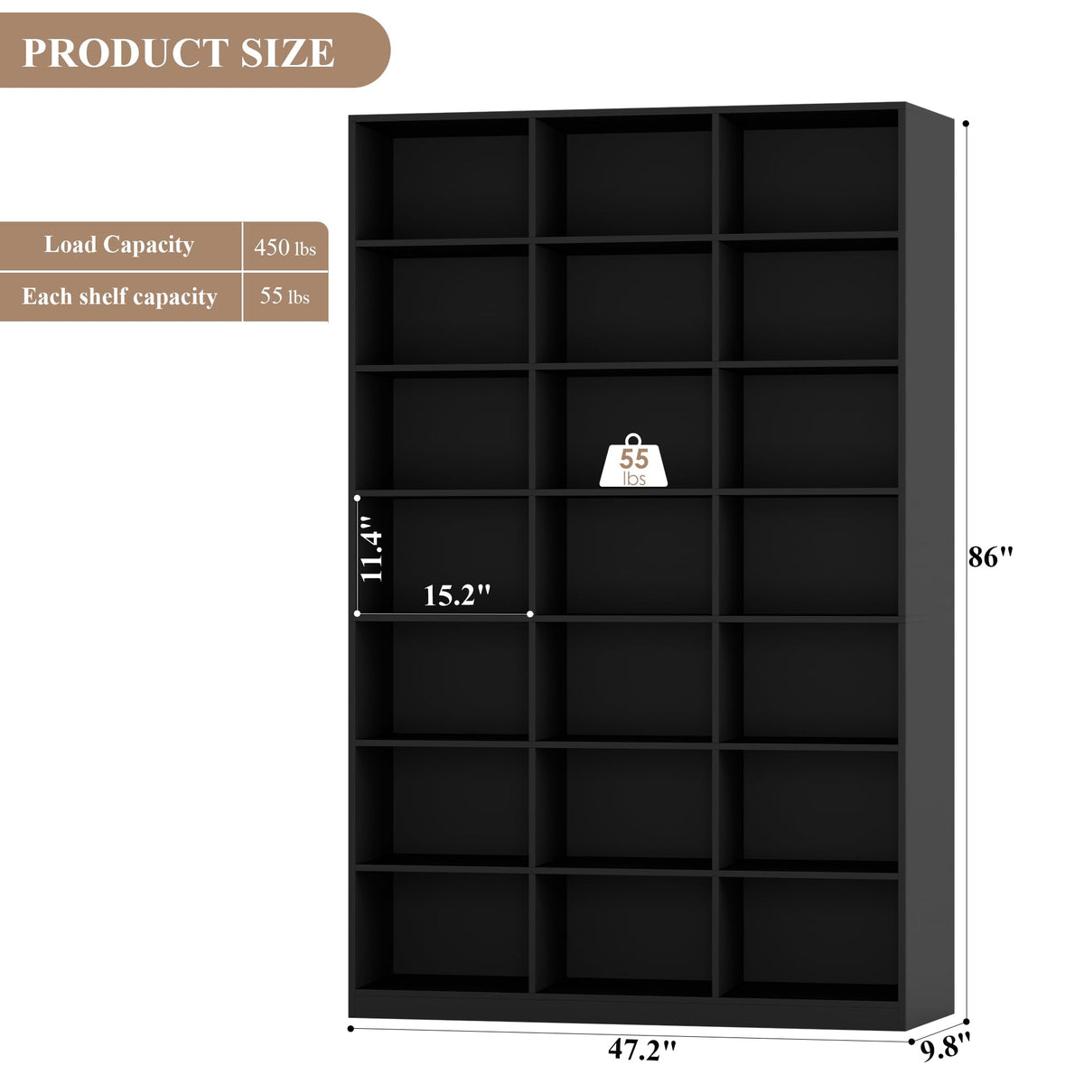 86" Triple Wide Black Bookshelf and Bookcase H364