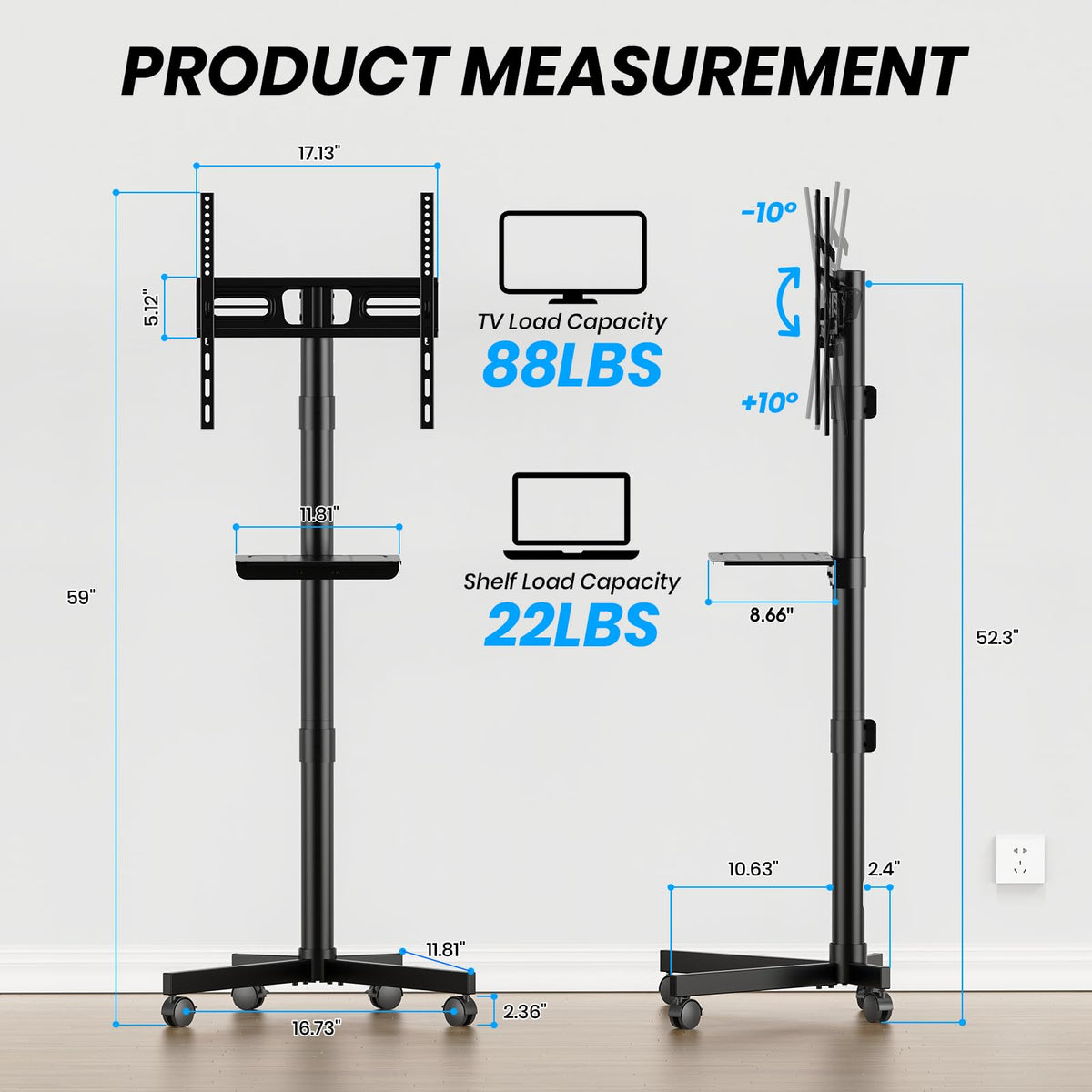 Height Adjustable Rolling TV Cart with Shelf and Locking Wheels F74661