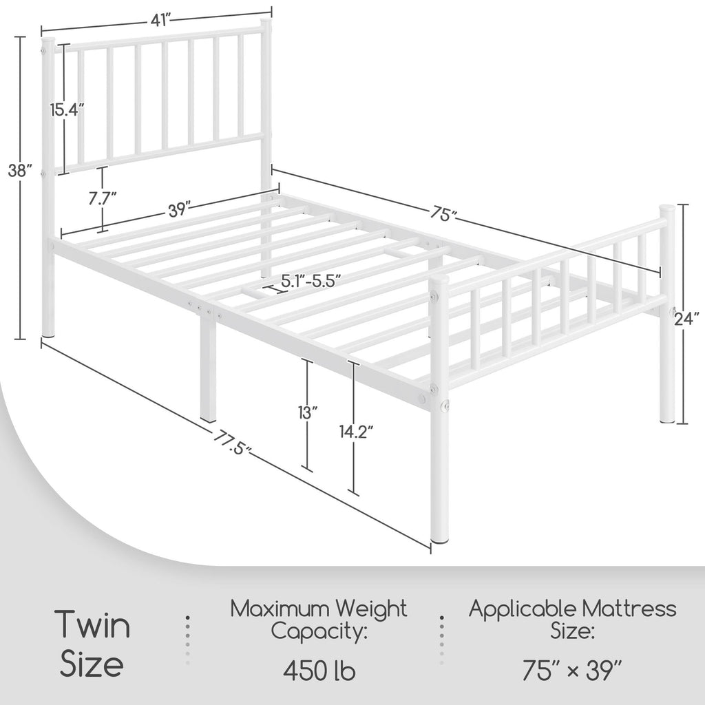 Twin Size White Metal Platform Bed Frame with Spindle Headboard R9506