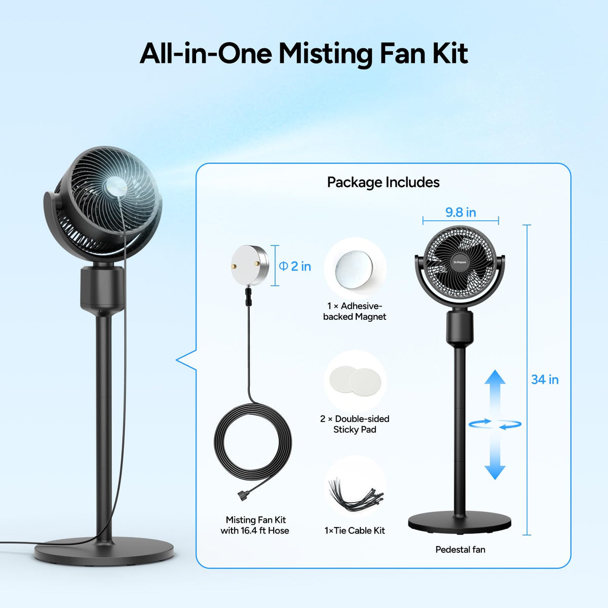Compact Misting Pedestal Fan with Magnetic Mister, Quiet Air Circulator Standing Fan, 16-34" Adj. Height, 70°Auto-Oscillation, 3 Speeds N792
