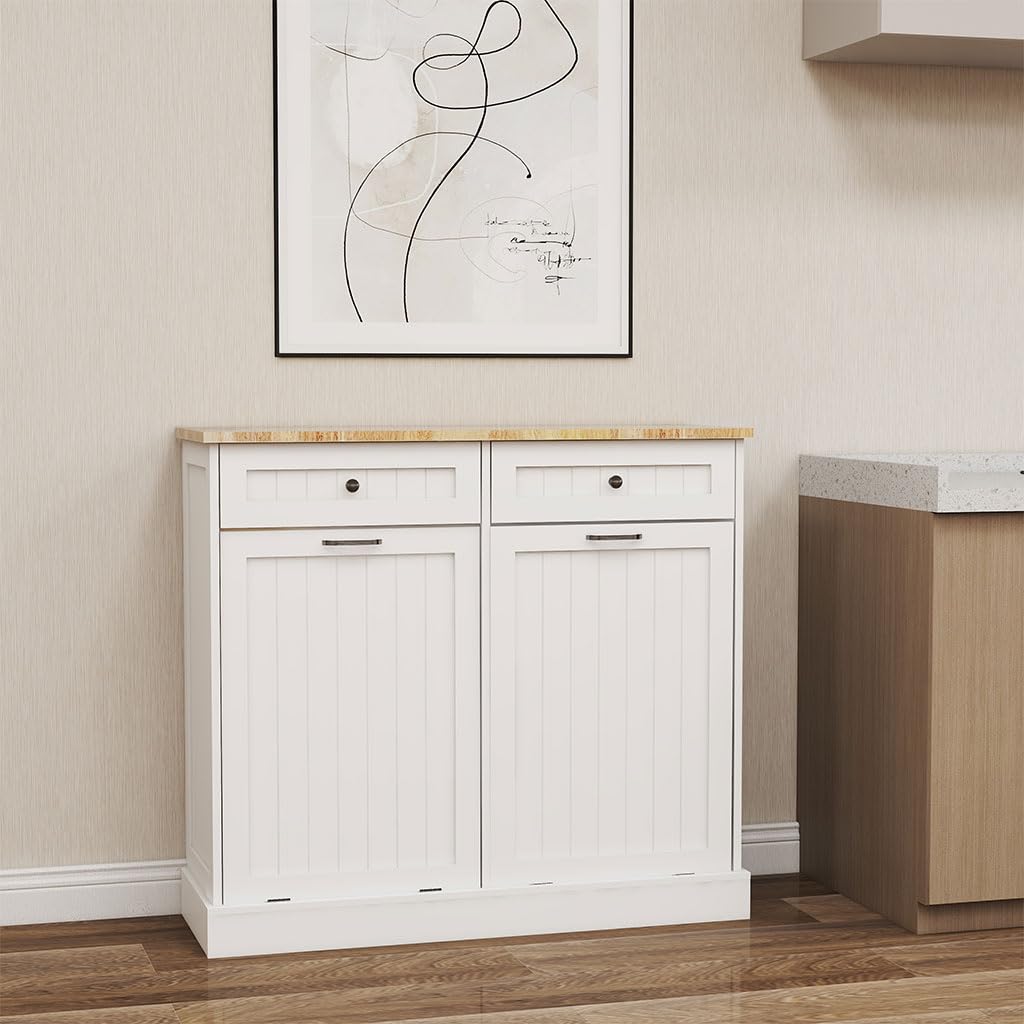 White Wooden Tilt Out Trash Can Cabinet with 2 Drawers X204