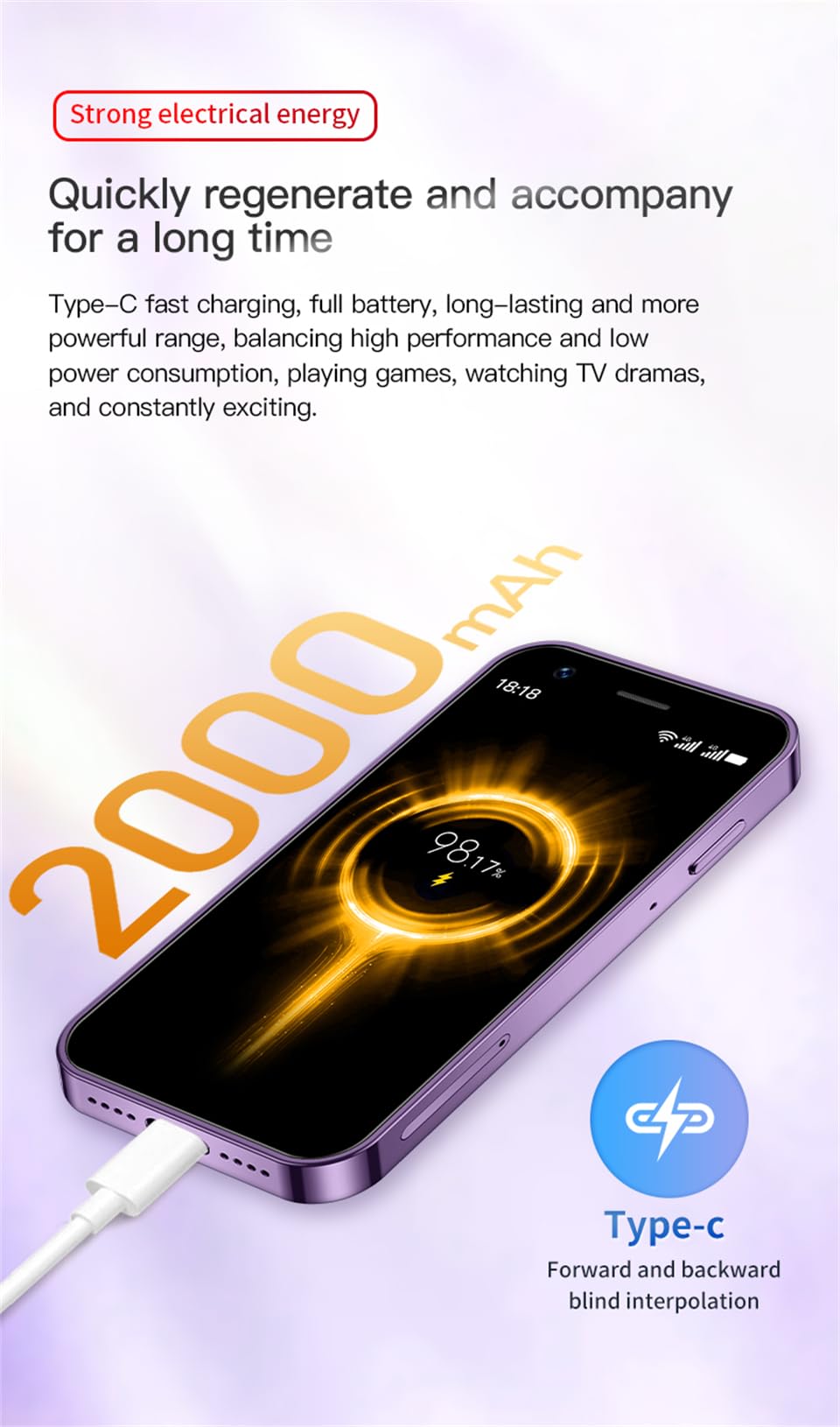 3.0 inch Mini Smartphone 4G LTE Android 10 Quad Core 2000mAh Type-C Dual SIM Purple 3GB RAM 64GB ROM W1666