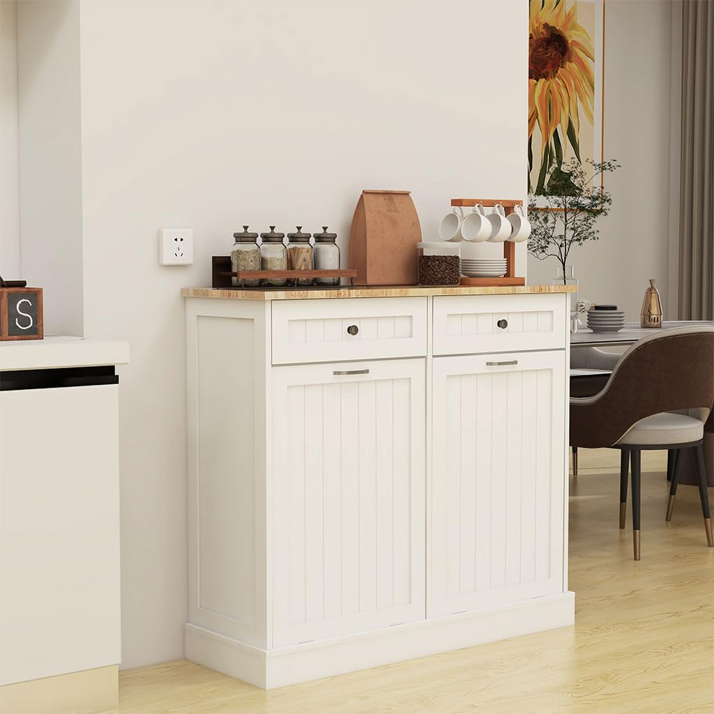 White Wooden Tilt Out Trash Can Cabinet with 2 Drawers X204