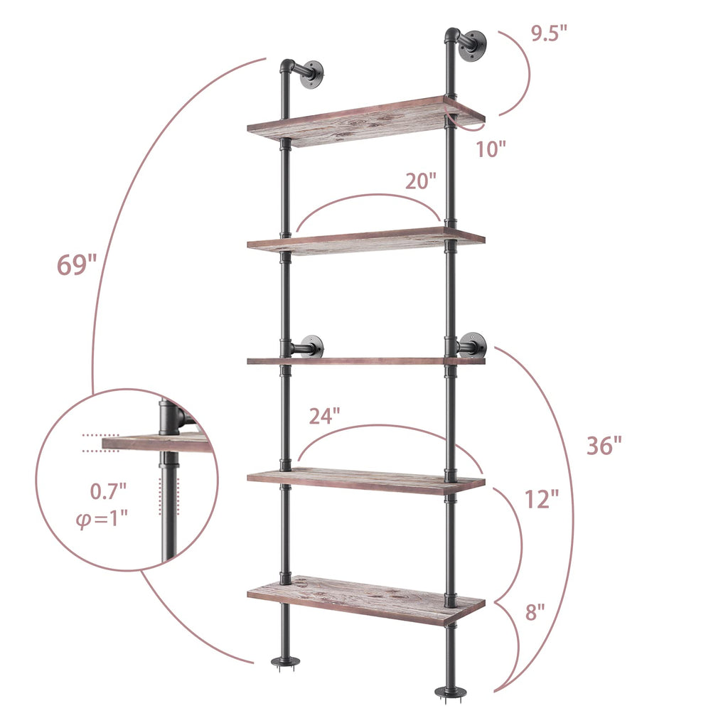 5 Tier Solid Wood Industrial Pipe Ladder Shelf T4146