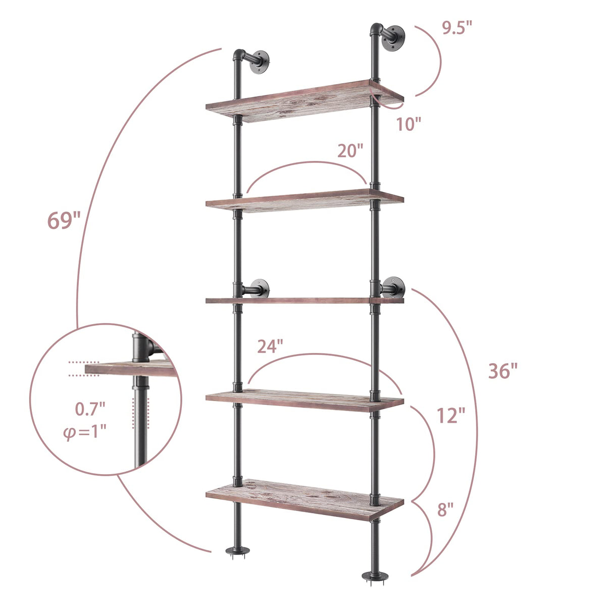 5 Tier Solid Wood Industrial Pipe Ladder Shelf T4146