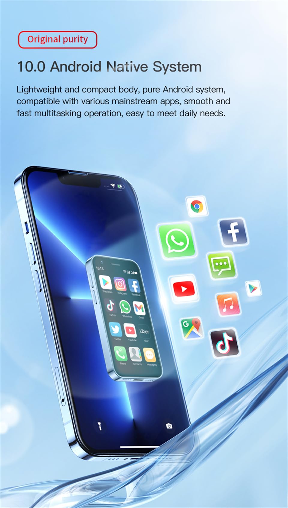 3.0 inch Mini Smartphone 4G LTE Android 10 Quad Core 2000mAh Type-C Dual SIM Purple 3GB RAM 64GB ROM W1666