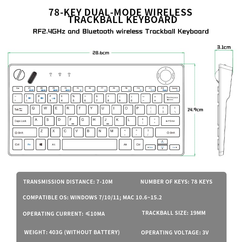 78 Keys Dual Mode Wireless Trackball Keyboard C842954