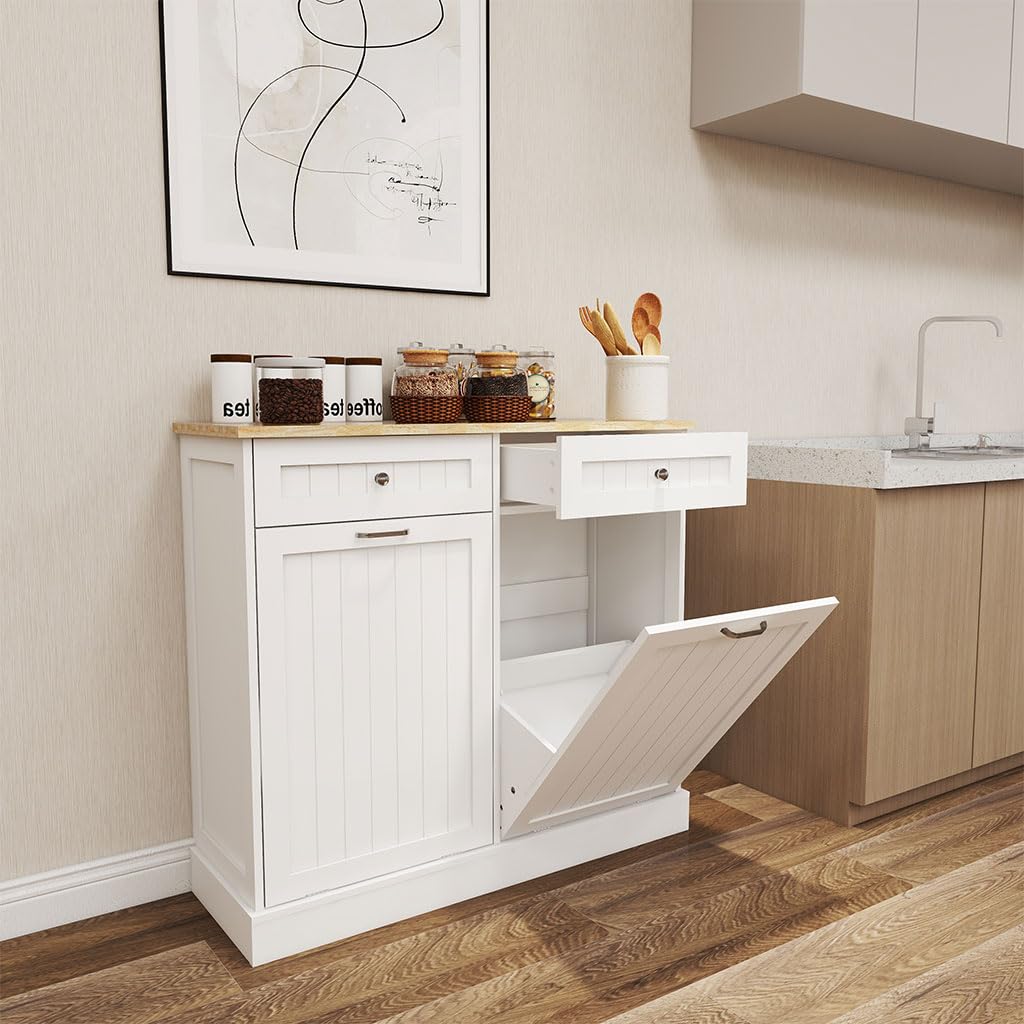 White Wooden Tilt Out Trash Can Cabinet with 2 Drawers X204