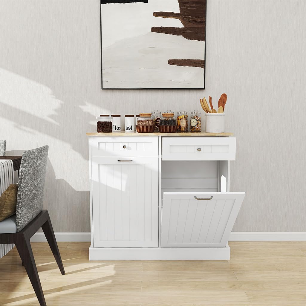 White Wooden Tilt Out Trash Can Cabinet with 2 Drawers X204