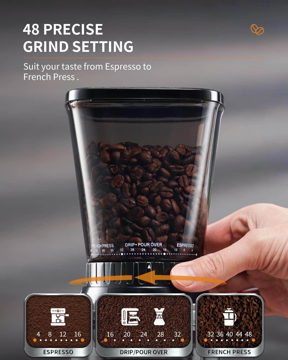 Conical Burr Coffee Bean Grinder, 48 Settings, Silver O99126