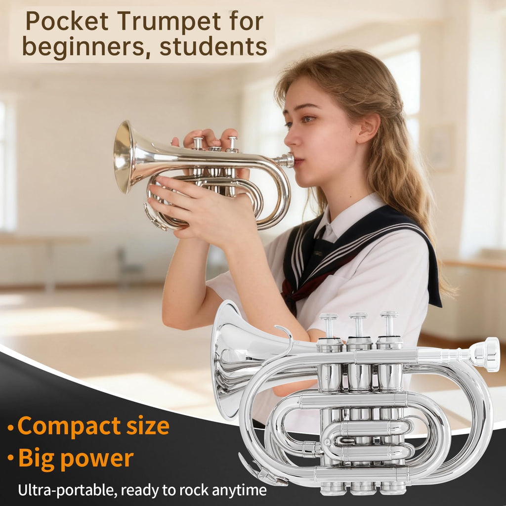 Bb Portable Pocket Trumpet with Case, 7C Mouthpiece and Cleaning Kit Q351
