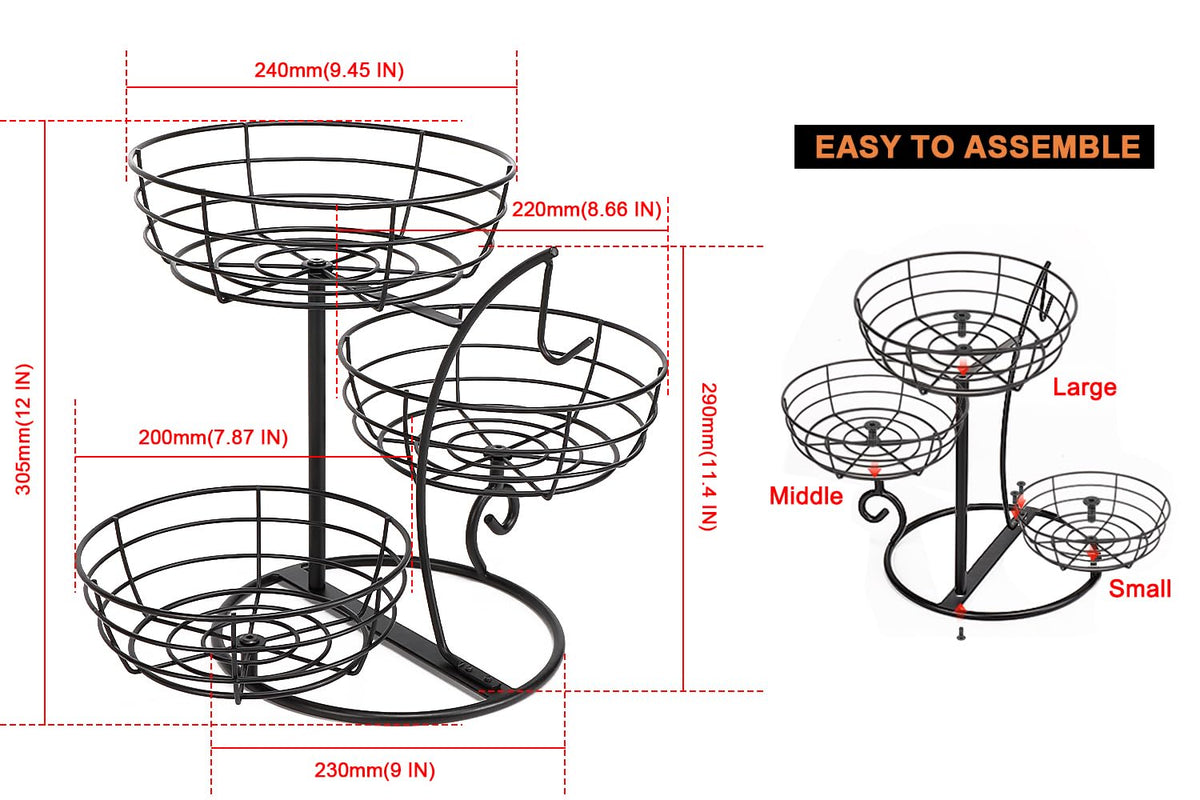 Fruit Basket Bowl with Banana Hanger, 3-Tier Metal Base Q983247