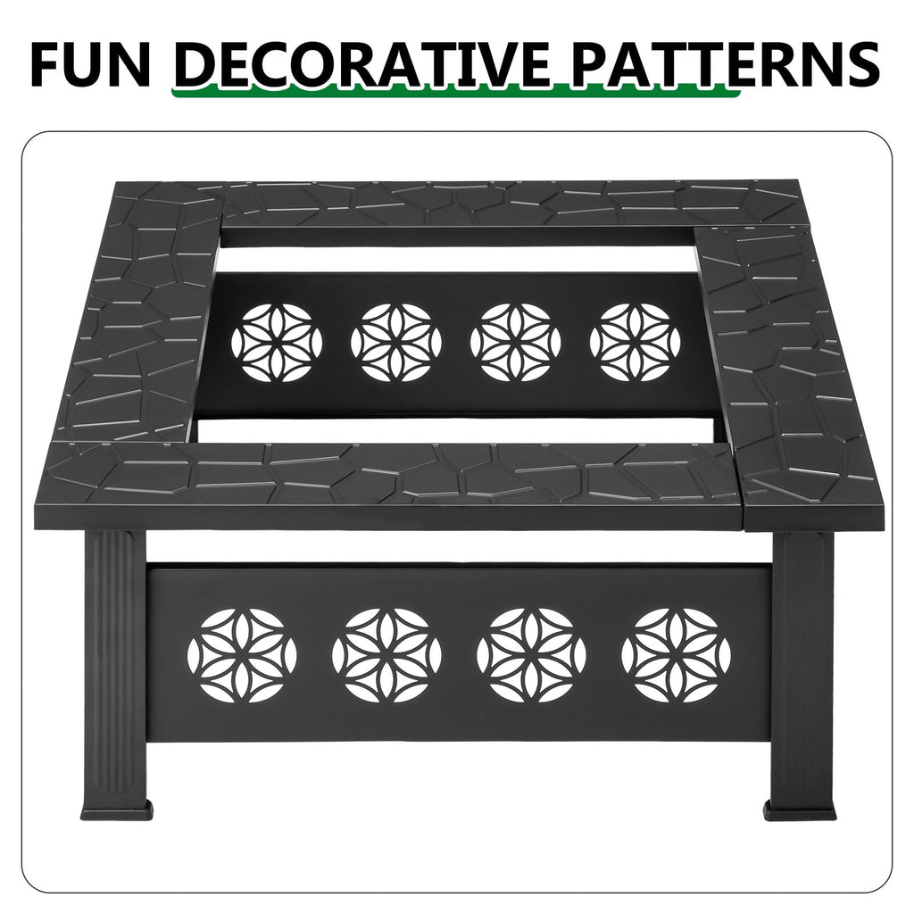 32 Inch Square Wood Burning Fire Pit Table with Spark Screen Lid and Fire Poker, Black A406283