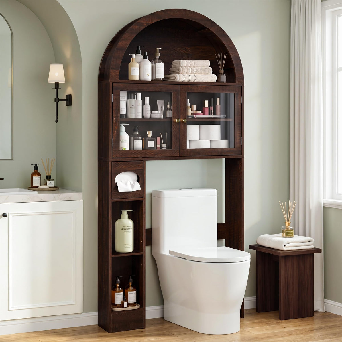 Over the Toilet Storage Cabinet with Arched Top, 68" Tall, Dark Walnut F479