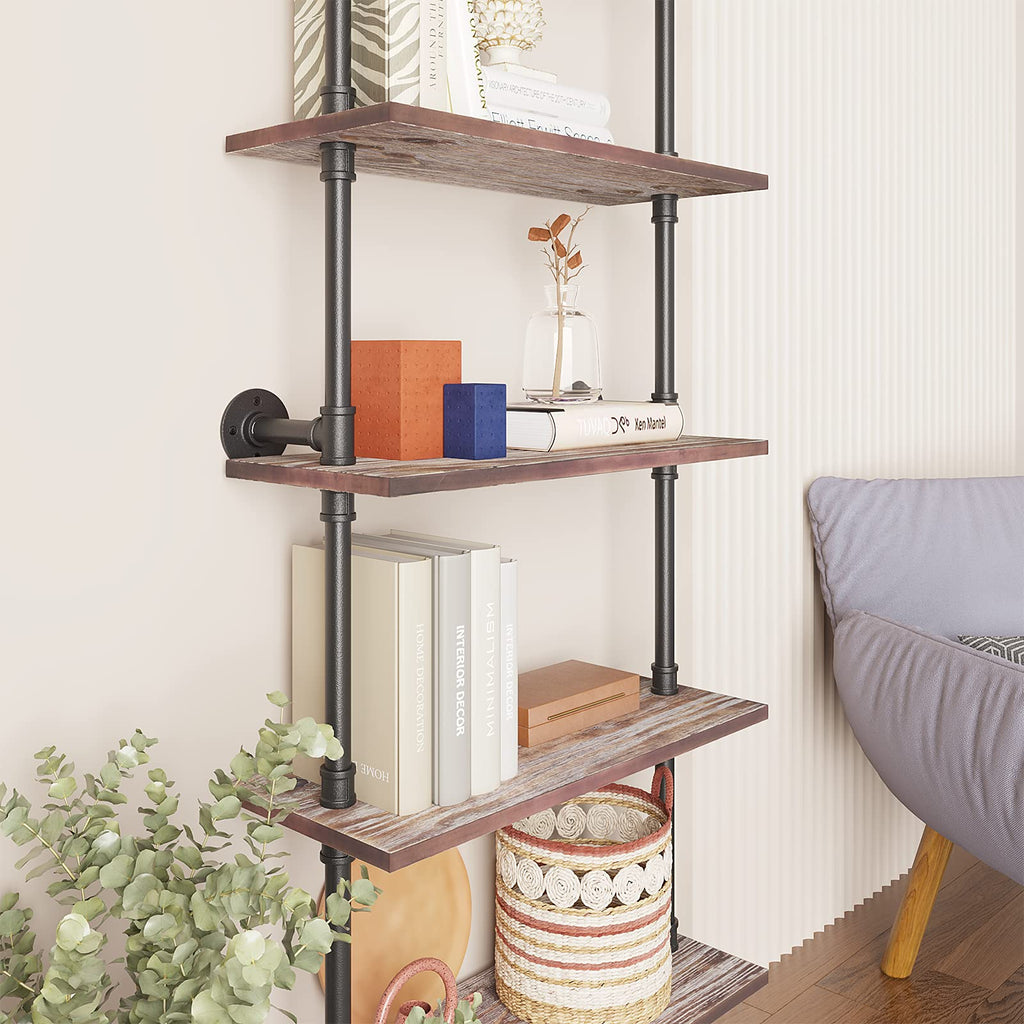 5 Tier Solid Wood Industrial Pipe Ladder Shelf T4146