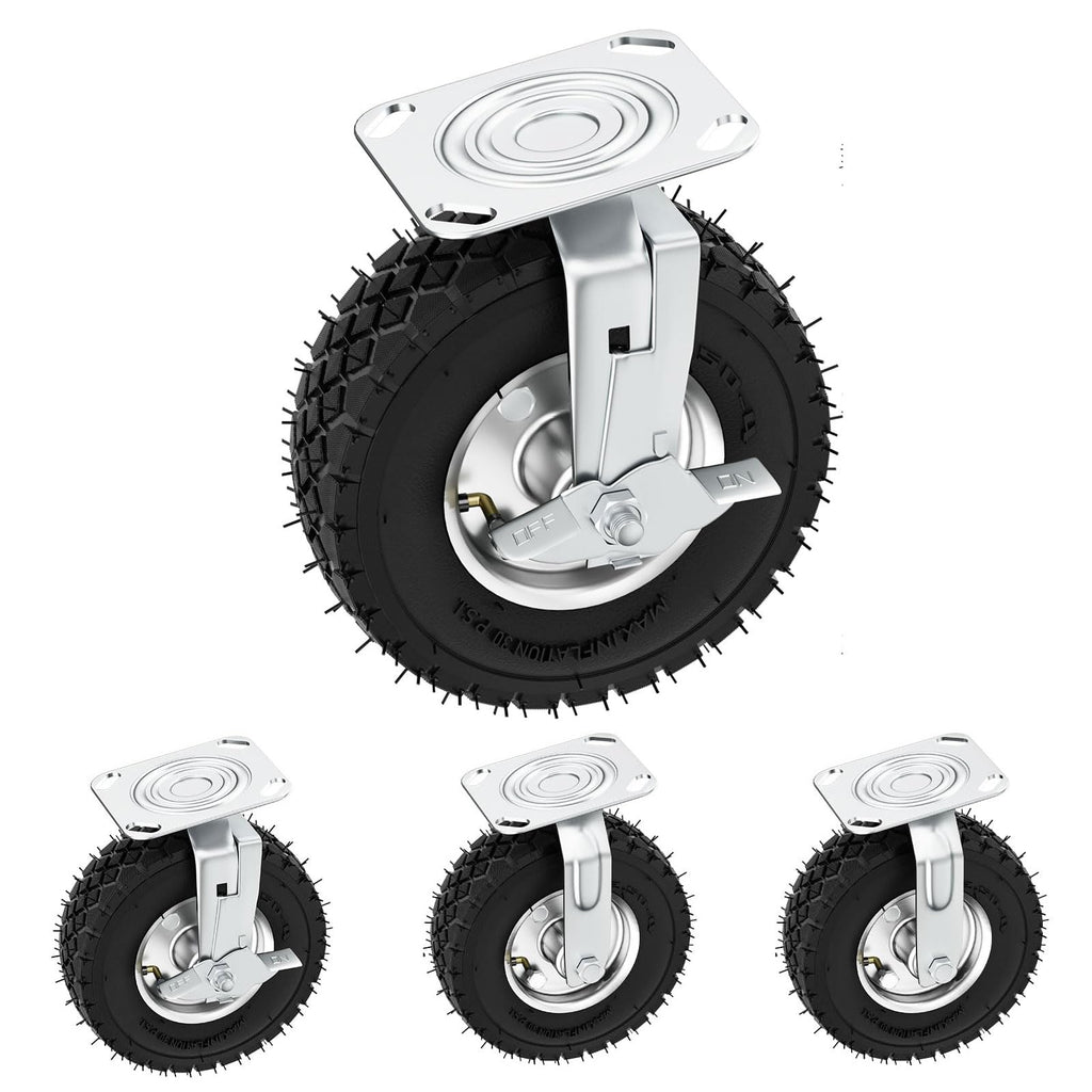 8 Inch Heavy Duty Pneumatic Caster Wheels with Brake, 1000 lbs Capacity, Set of 4 X92362