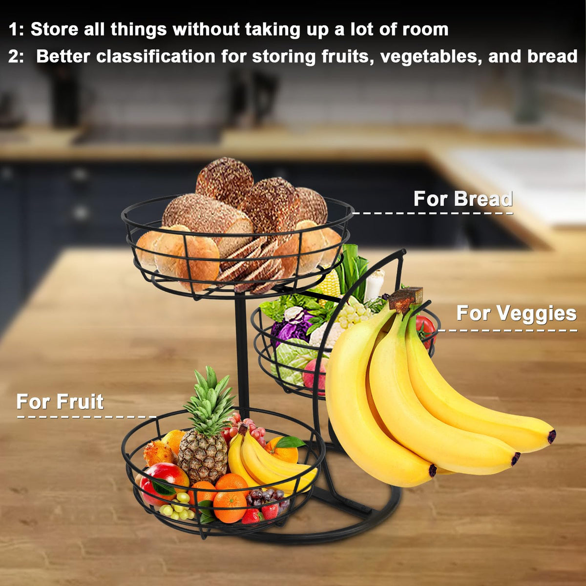 Fruit Basket Bowl with Banana Hanger, 3-Tier Metal Base Q983247