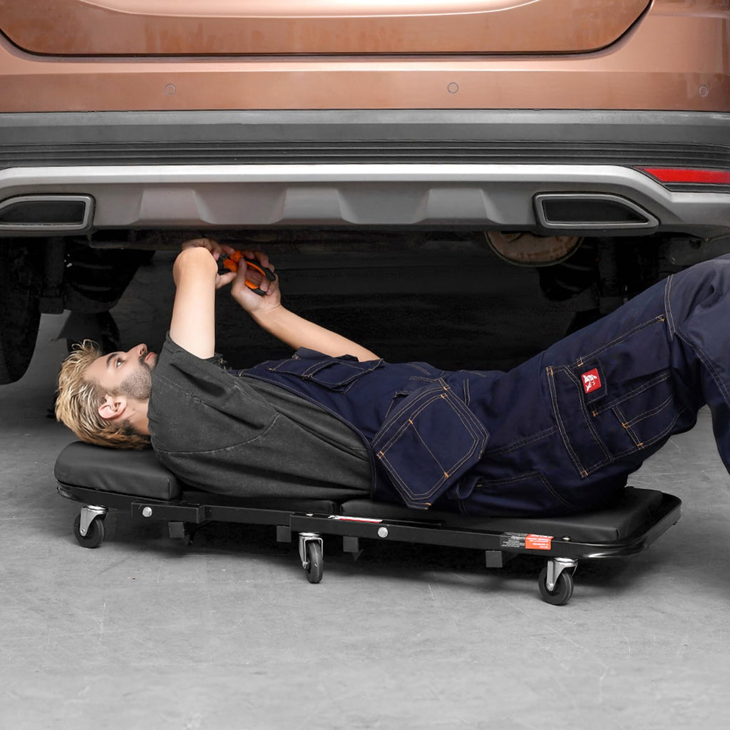 Foldable Rolling Mechanic Creeper with 6 Wheels Padded Seat Q276