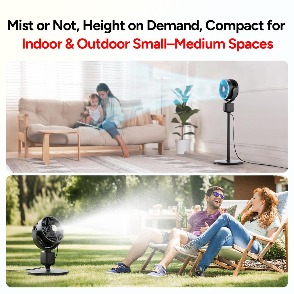 Compact Misting Pedestal Fan with Magnetic Mister, Quiet Air Circulator Standing Fan, 16-34" Adj. Height, 70°Auto-Oscillation, 3 Speeds N792
