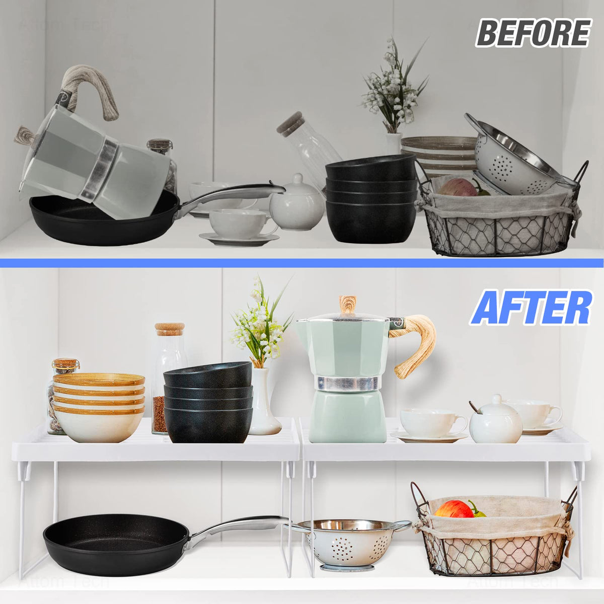 4-Pack Stackable Plastic Kitchen Storage Shelf Foldable Rack White U371
