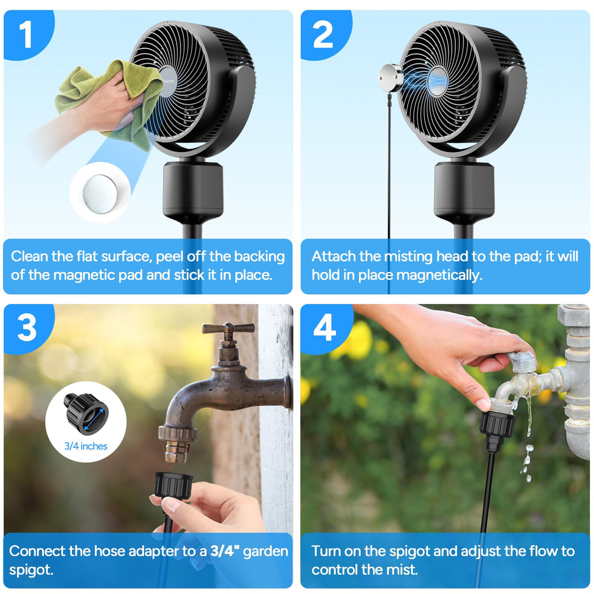 Compact Misting Pedestal Fan with Magnetic Mister, Quiet Air Circulator Standing Fan, 16-34" Adj. Height, 70°Auto-Oscillation, 3 Speeds N792