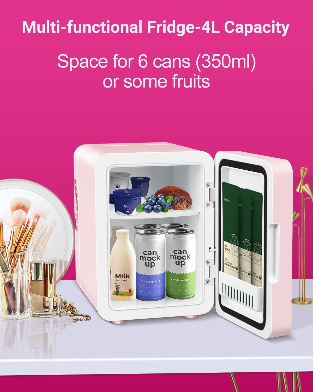 4-Liter Pink Portable Mini Fridge with Mirrored Door X3929