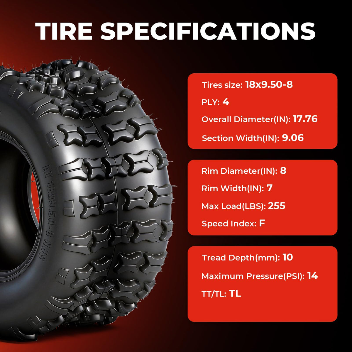 Set of 2 18x9.5-8 Tubeless All-Terrain Tires P889916