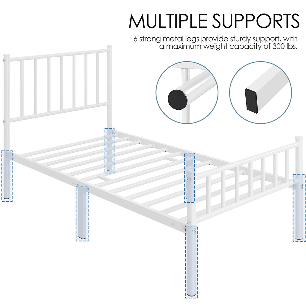 Twin Size White Metal Platform Bed Frame with Spindle Headboard R9506