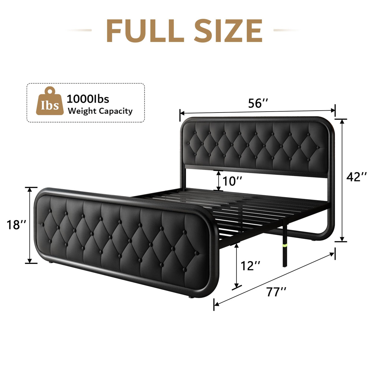 Full Size Black Metal Platform Bed Frame with Leather Headboard S4514