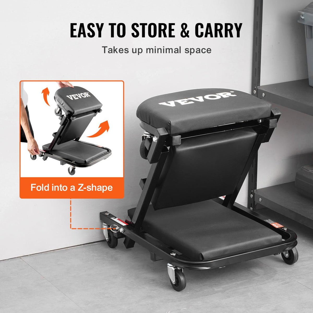 Foldable Rolling Mechanic Creeper with 6 Wheels Padded Seat Q276