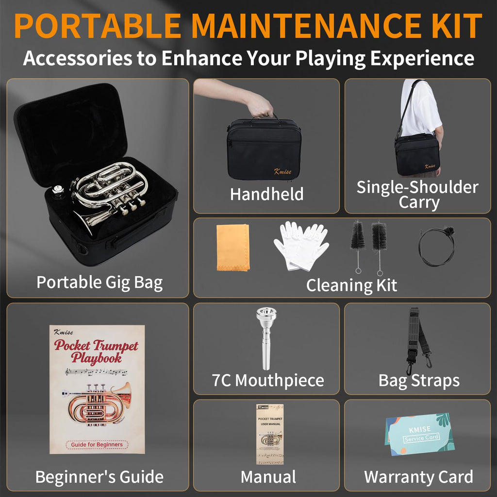 Bb Portable Pocket Trumpet with Case, 7C Mouthpiece and Cleaning Kit Q351