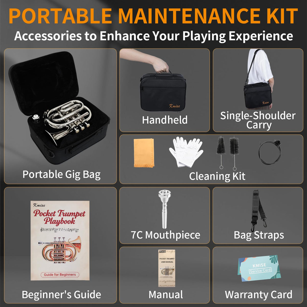 Bb Portable Pocket Trumpet with Case, 7C Mouthpiece and Cleaning Kit Q351