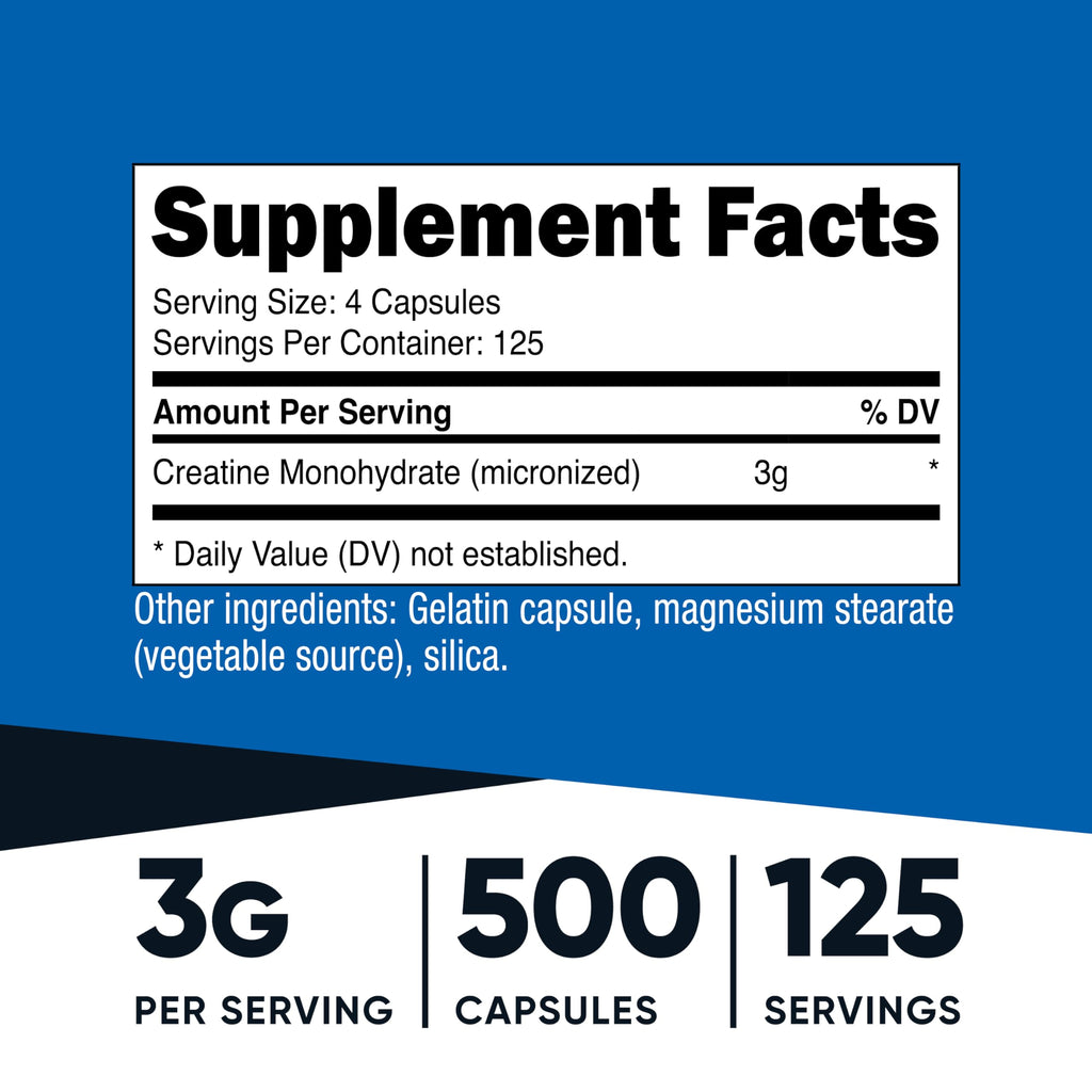 Micronized Creatine Monohydrate 3,000mg 500 Capsules Q1662