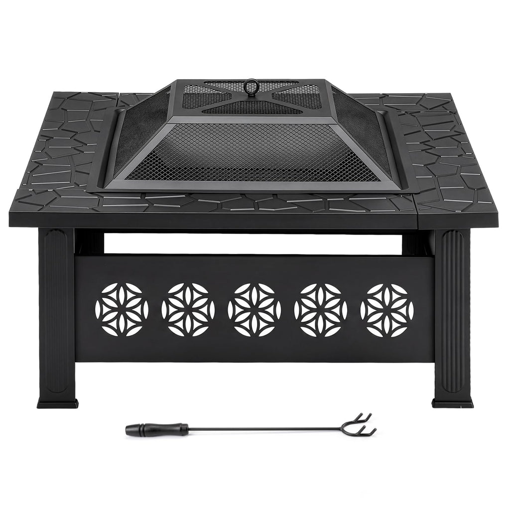32 Inch Square Wood Burning Fire Pit Table with Spark Screen Lid and Fire Poker, Black A406283