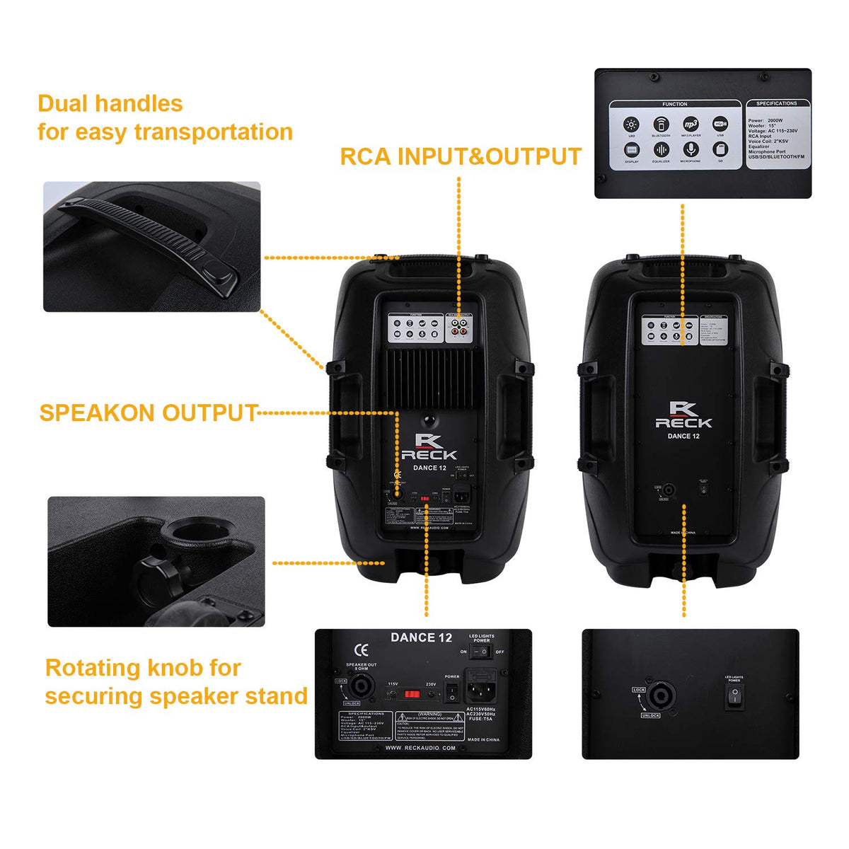 Portable 12-Inch 1000 Watts 2-Way Powered PA Speaker System Set K717