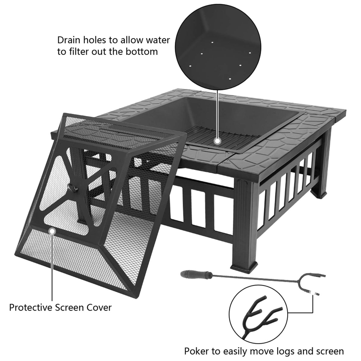32 Inch Black Metal Wood Burning Fire Pit R71039