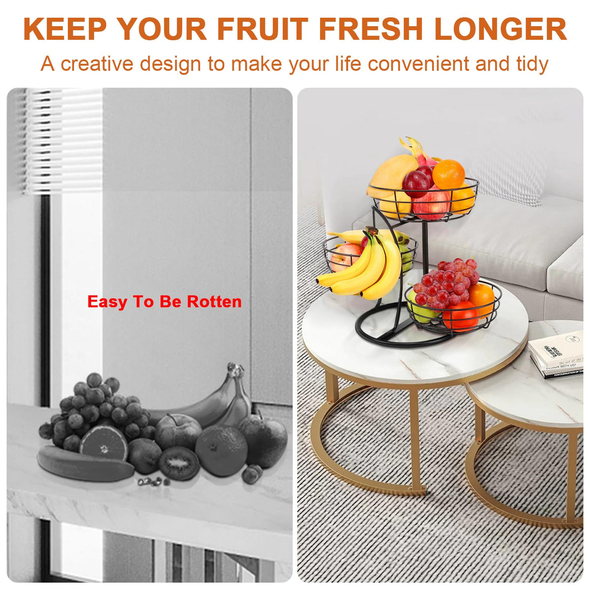 Fruit Basket Bowl with Banana Hanger, 3-Tier Metal Base Q983247