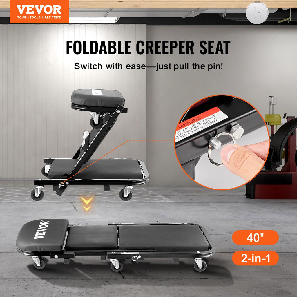 Foldable Rolling Mechanic Creeper with 6 Wheels Padded Seat Q276