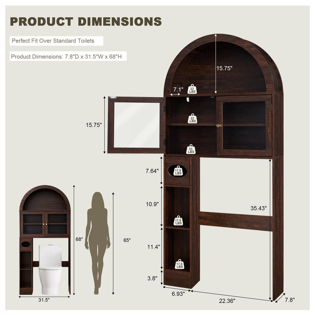 Over the Toilet Storage Cabinet with Arched Top, 68" Tall, Dark Walnut F479