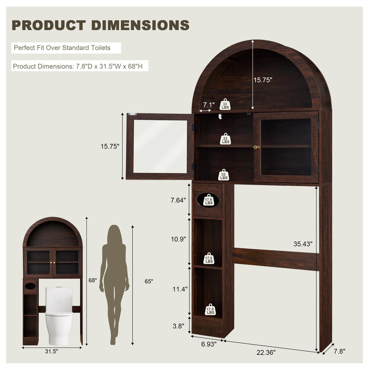 Over the Toilet Storage Cabinet with Arched Top, 68" Tall, Dark Walnut F479