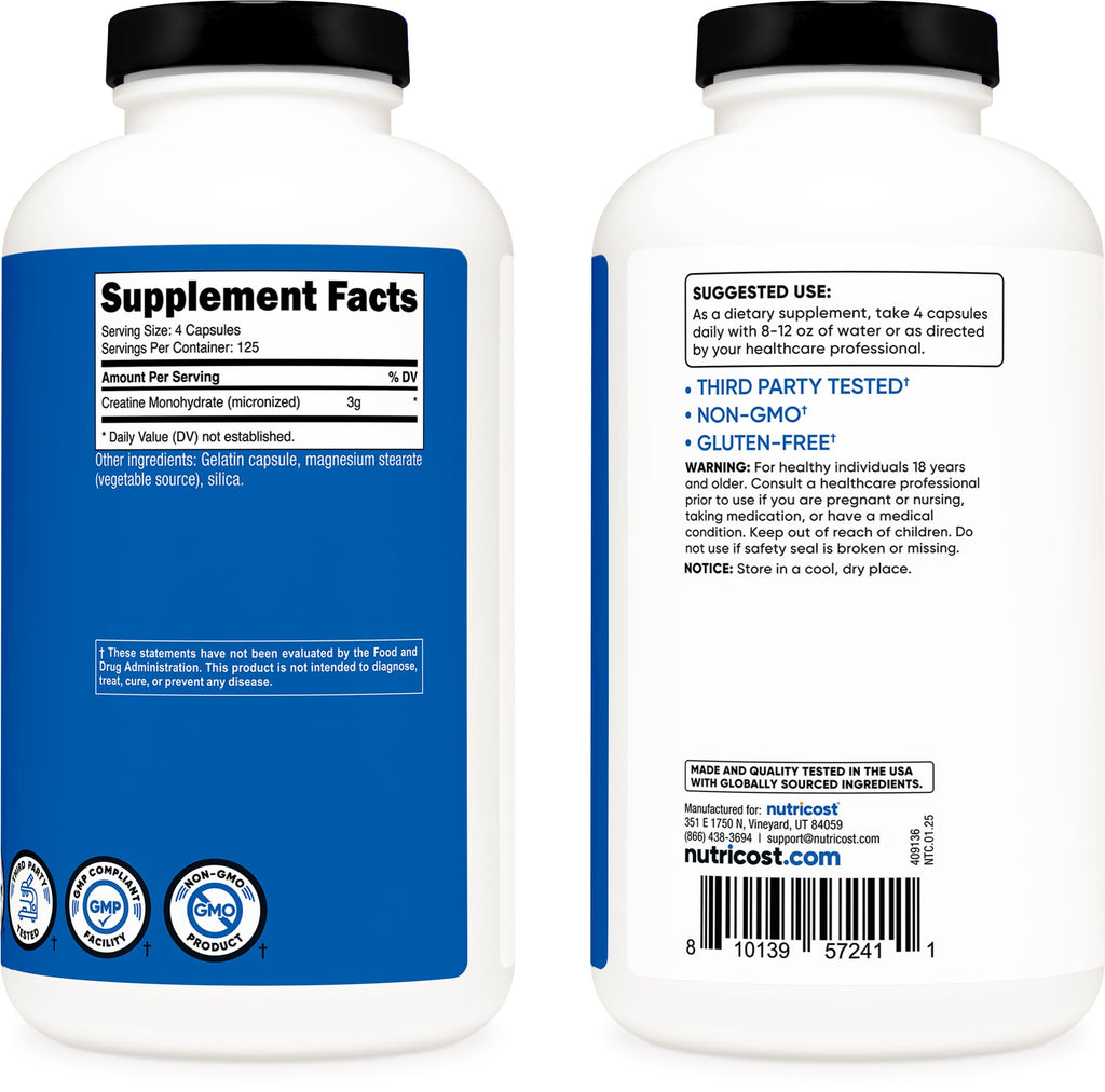 Micronized Creatine Monohydrate 3,000mg 500 Capsules Q1662