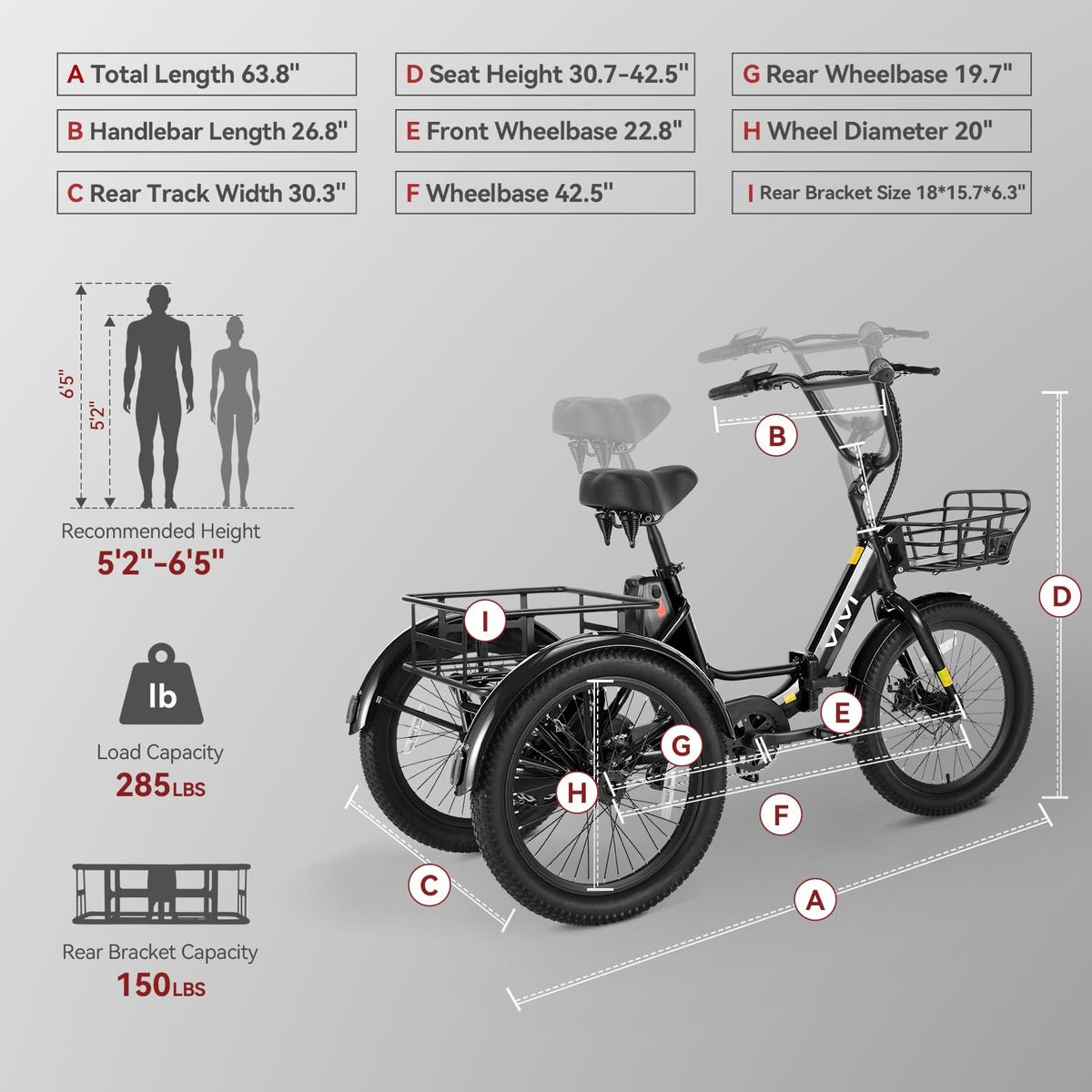 20'' Folding Electric Trike 750W 3-Wheel Bike with Removable Battery C20028