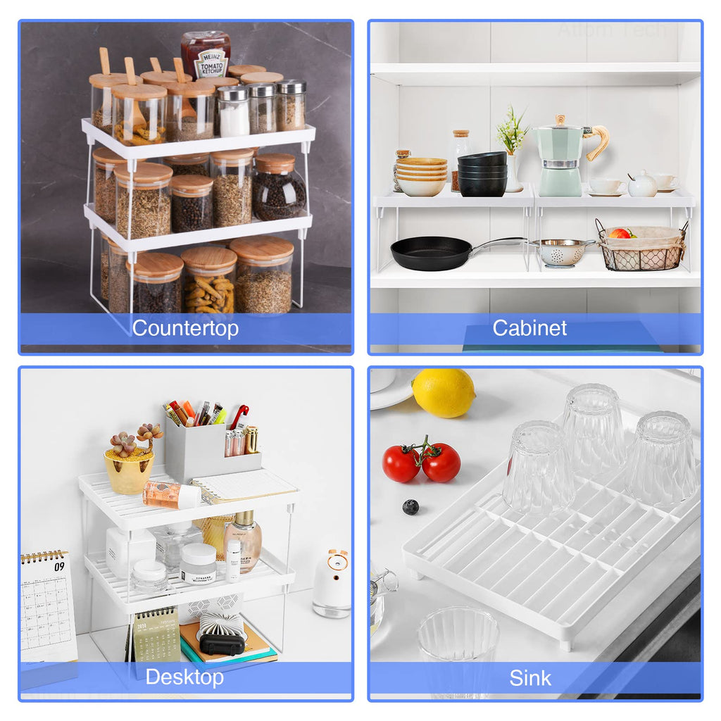 4-Pack Stackable Plastic Kitchen Storage Shelf Foldable Rack White U371