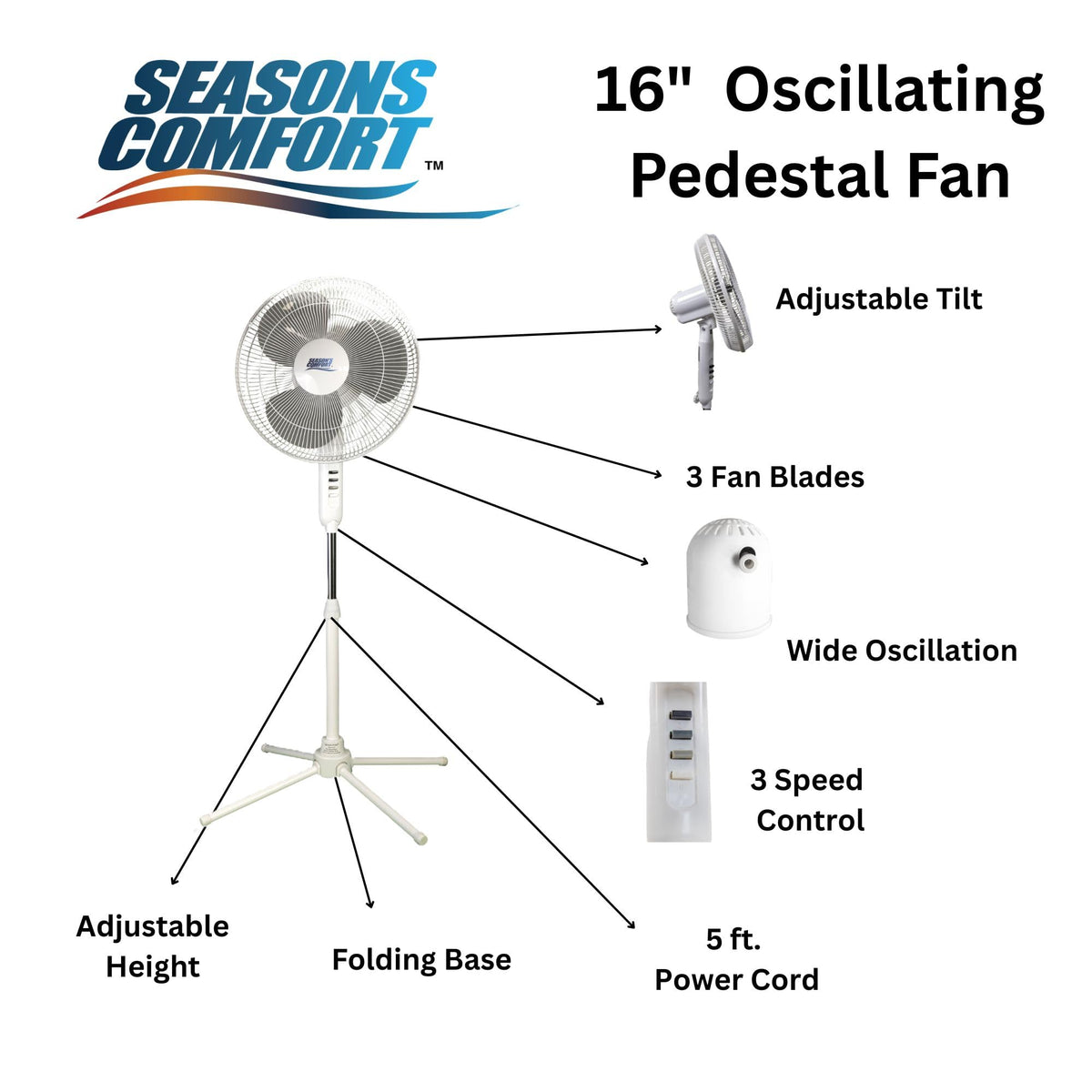 16 Inch Oscillating Pedestal Fan White 3 Speeds Adjustable Height S28401