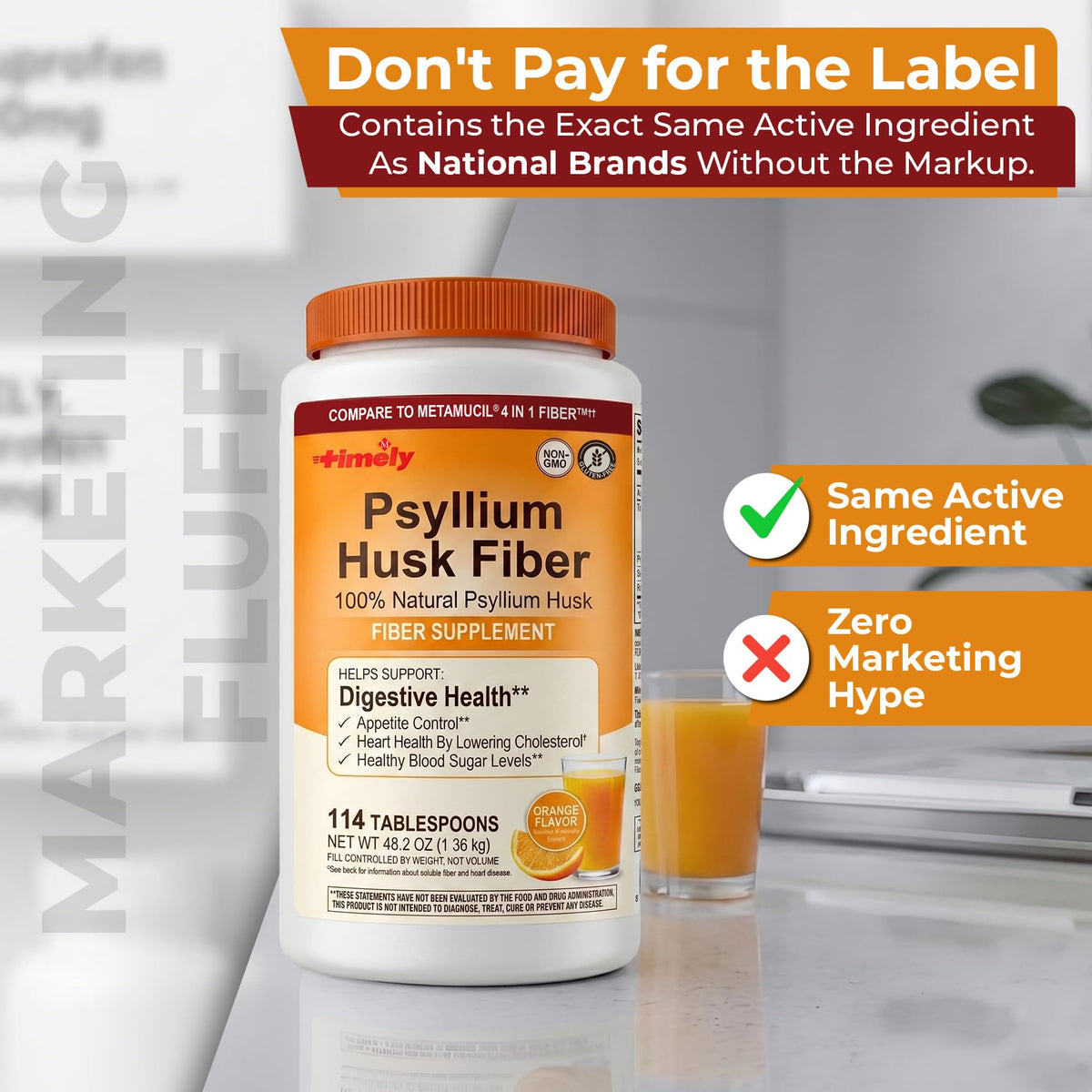 Psyllium Husk Powder Fiber Supplement Orange Flavor 48.2 oz H271780
