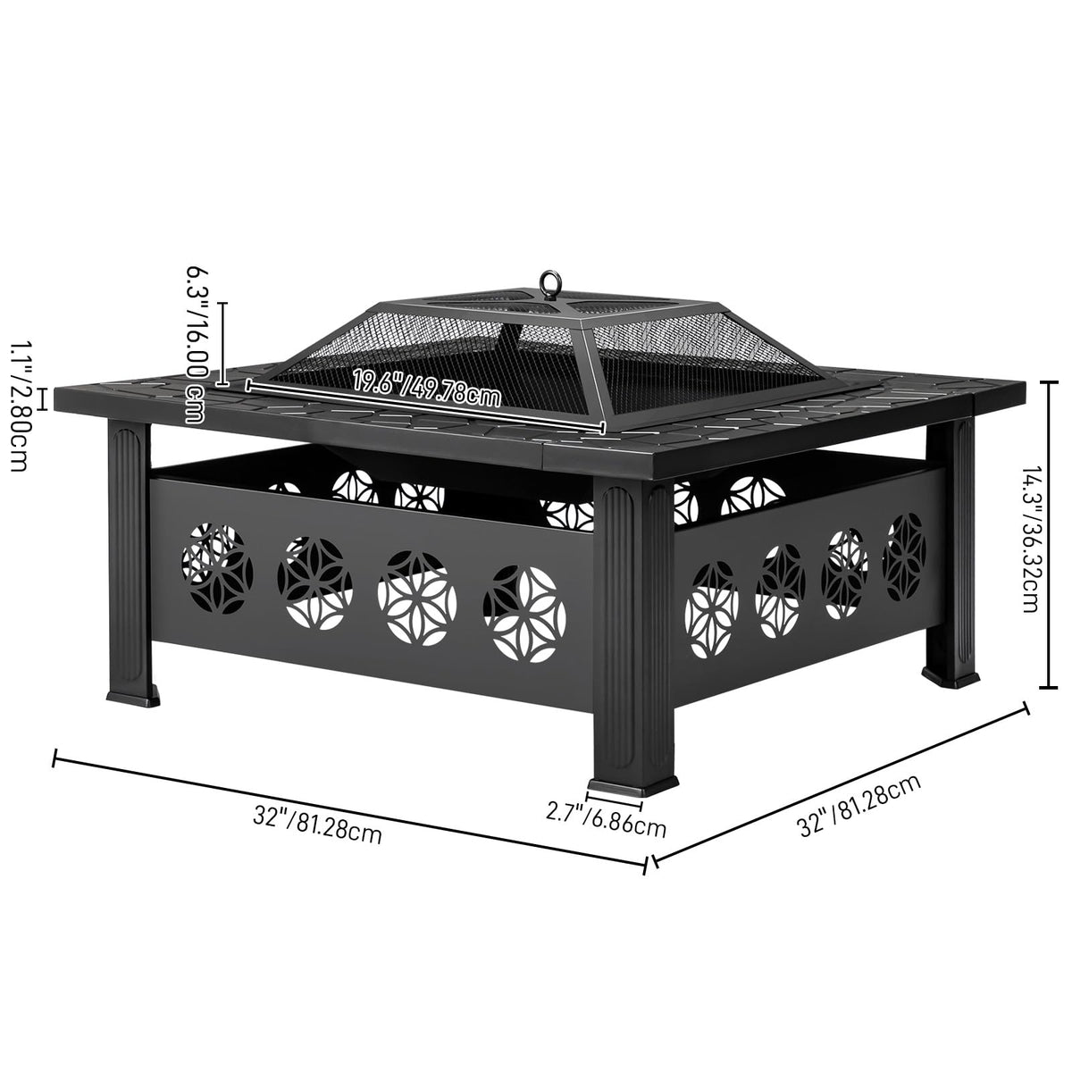32 Inch Square Wood Burning Fire Pit Table with Spark Screen Lid and Fire Poker, Black A406283
